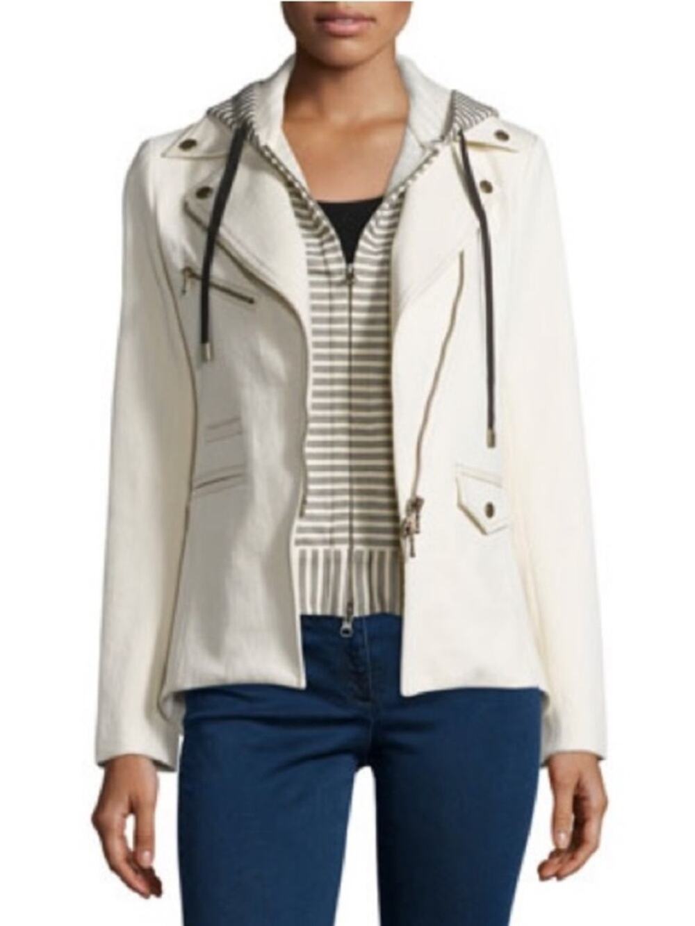 Veronica Beard Hadley Moto Jacket Cream Canvas Striped Marlo Hoodie Dickie 0